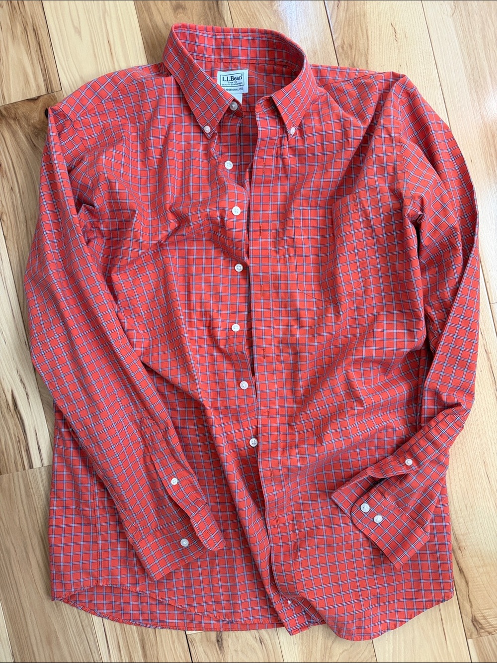 L.L. Bean Men’s Orange and Blue Checked Button-Down Shirt